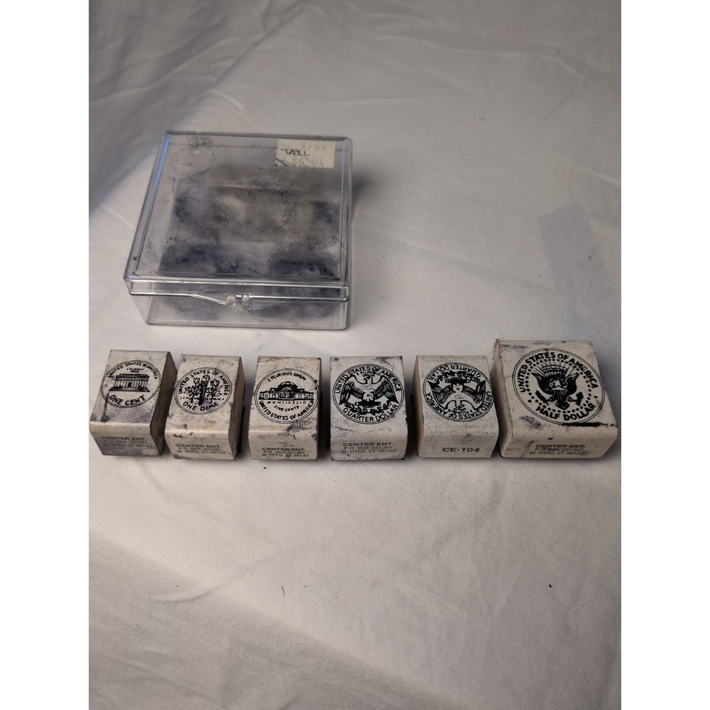 Vintage Center Enterprises U.S. Coin Rubber Stamp Set Penny Dime Nickel Quarter